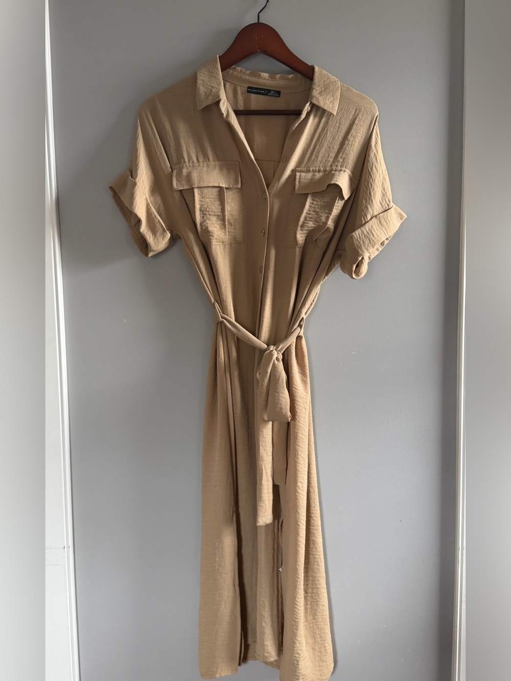 Beige Tie-Waist Shirt Midi Dress Size Small